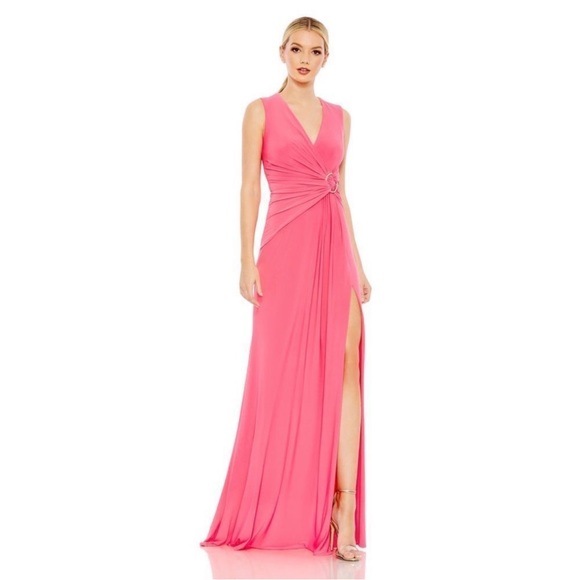 NWT IEENA FOR MAC DUGGAL 26890  DRAPED SIDE KNOT JERSEY GOWN W/ RHINESTONE RING - Picture 1 of 10